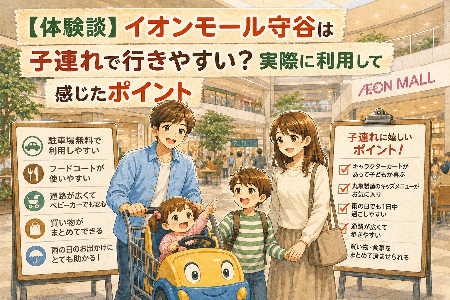 イオンモール守谷を子連れで利用した体験談を紹介するアイキャッチ画像。駐車場無料、フードコート、キャラクターカート、雨の日のお出かけなど、子育て世帯に便利なポイントをまとめたイラスト。