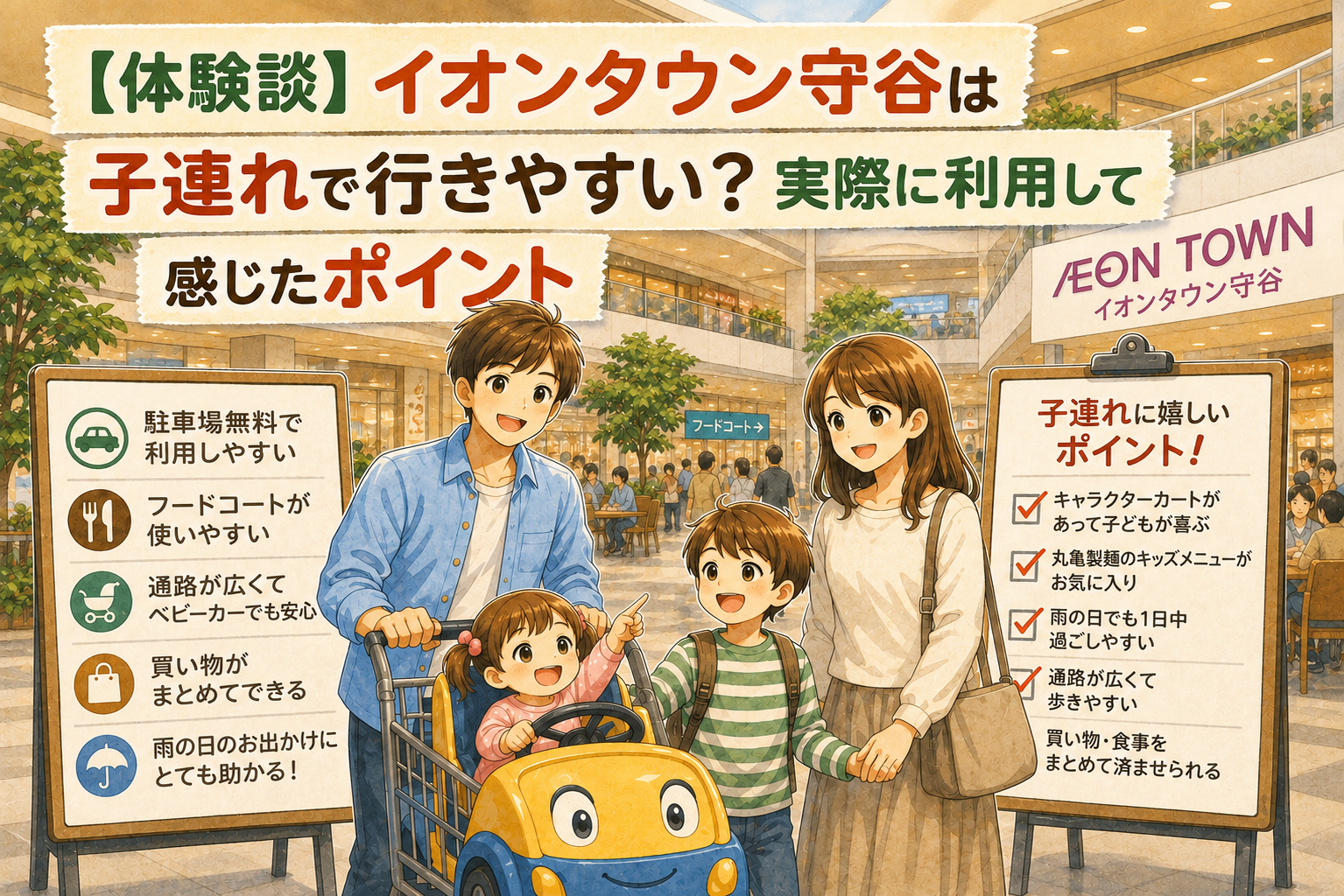 イオンモール守谷を子連れで利用した体験談を紹介するアイキャッチ画像。駐車場無料、フードコート、キャラクターカート、雨の日のお出かけなど、子育て世帯に便利なポイントをまとめたイラスト。