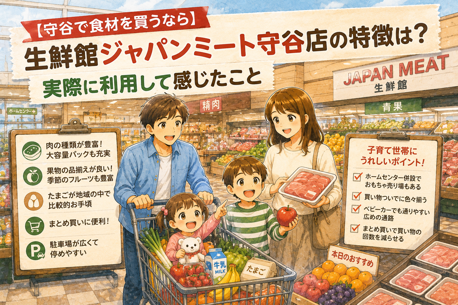 守谷市の生鮮館ジャパンミート守谷店で買い物を楽しむ家族を描いたイラスト。肉や果物の品揃え、大容量商品の特徴、まとめ買いのしやすさなどを実体験で紹介する記事のアイキャッチ画像。
