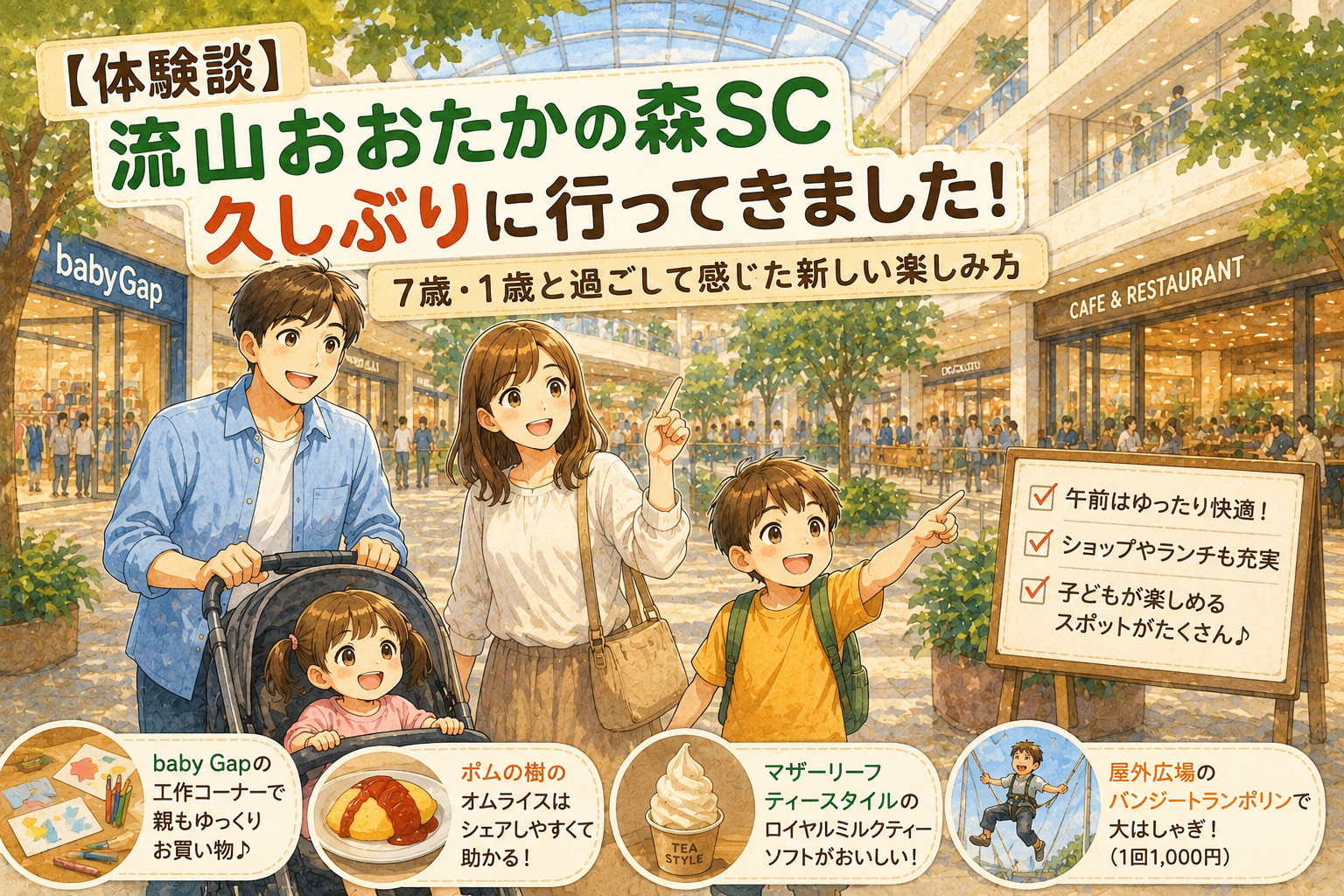 【体験談】流山おおたかの森SCを7歳・1歳の子どもと久しぶりに訪れた様子を描いたイラスト。baby Gapの工作コーナーやポムの樹でのランチ、バンジートランポリンなど、子連れで楽しめた実体験を紹介するアイキャッチ画像。