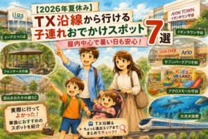 【2026年夏休み】TX沿線から行ける子連れおでかけスポット7選を紹介する記事のアイキャッチ。TX沿線の家族向けおでかけスポットをイラストでまとめた画像。