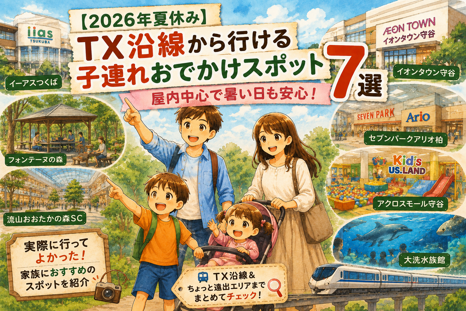 【2026年夏休み】TX沿線から行ける子連れおでかけスポット7選を紹介する記事のアイキャッチ。TX沿線の家族向けおでかけスポットをイラストでまとめた画像。