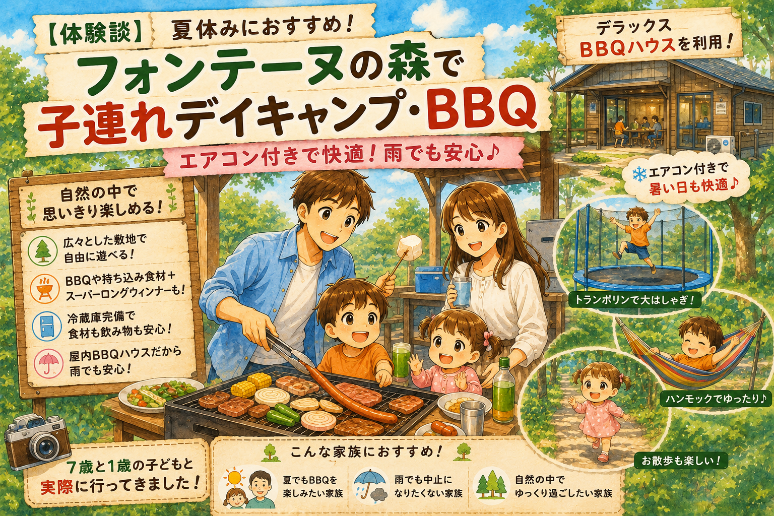 フォンテーヌの森のデラックスBBQハウスでBBQを楽しむ4人家族。自然の中でハンモックやトランポリンを楽しむ子どもたちと、夏休みの子連れデイキャンプをイメージしたアイキャッチ画像。