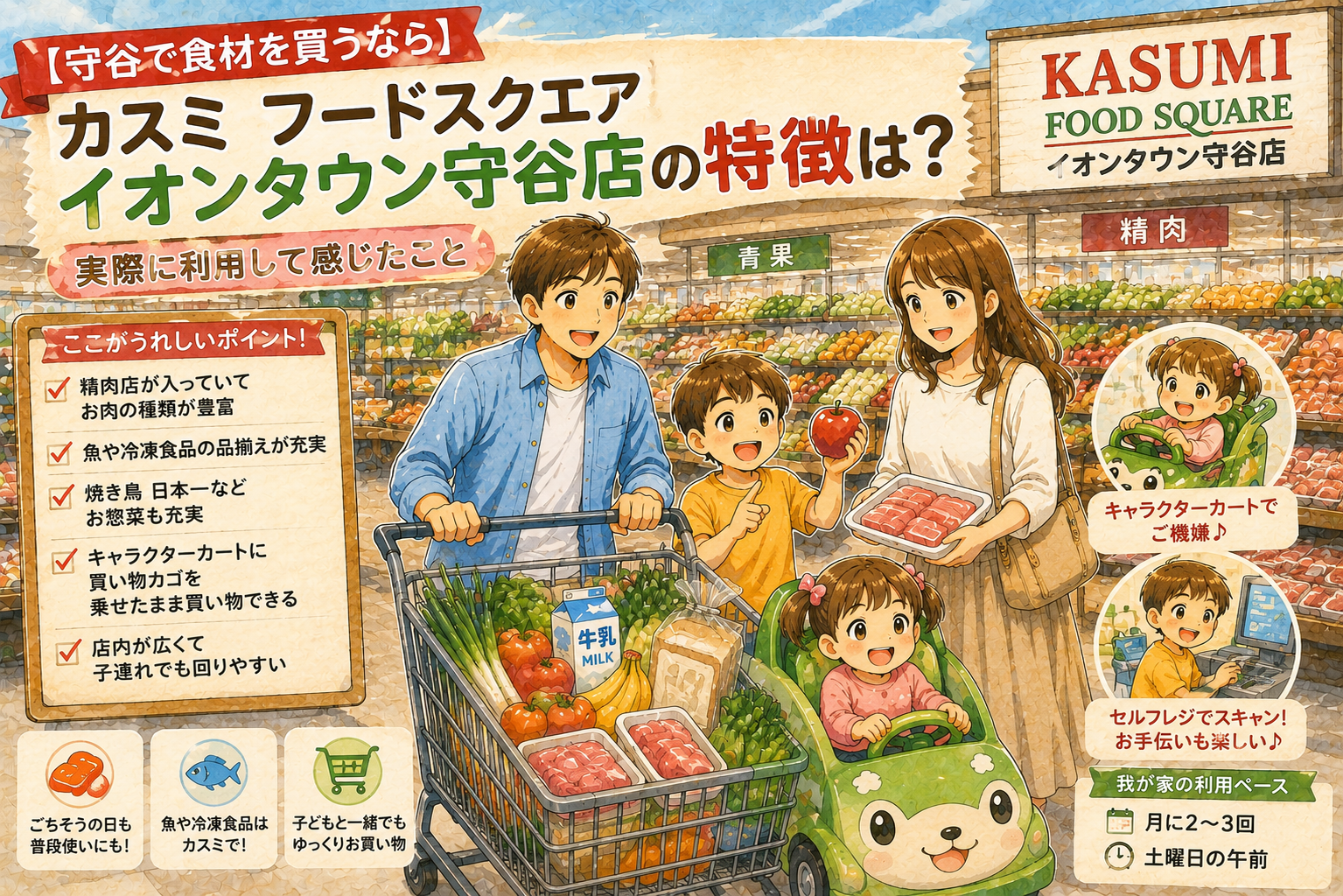 【2026年夏休み】TX沿線から行ける子連れおでかけスポット7選を紹介する記事のアイキャッチ。TX沿線の家族向けおでかけスポットをイラストでまとめた画像。