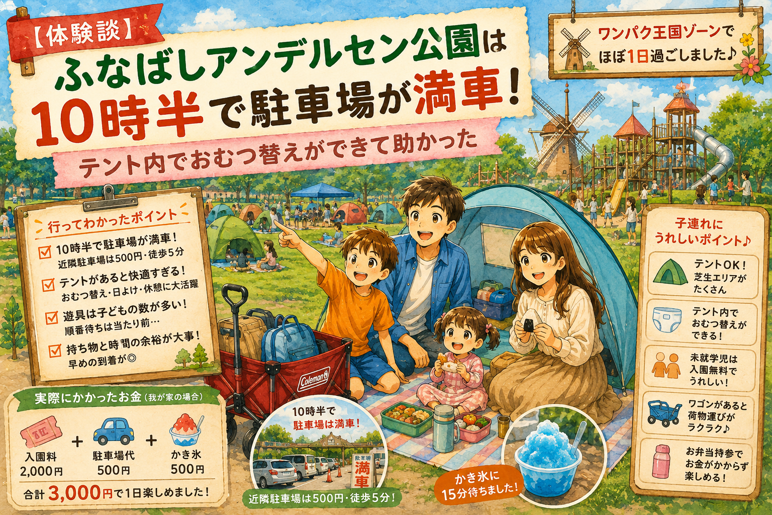 ふなばしアンデルセン公園のワンパク王国ゾーンで、レジャーシートとテントを広げて過ごす子連れファミリーのイラスト