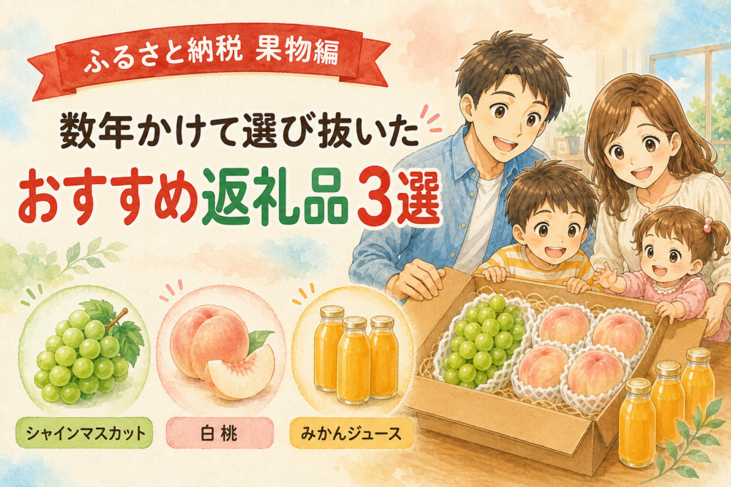 ふるさと納税で届いたシャインマスカット、白桃、みかんジュースを囲む1歳と7歳の子ども