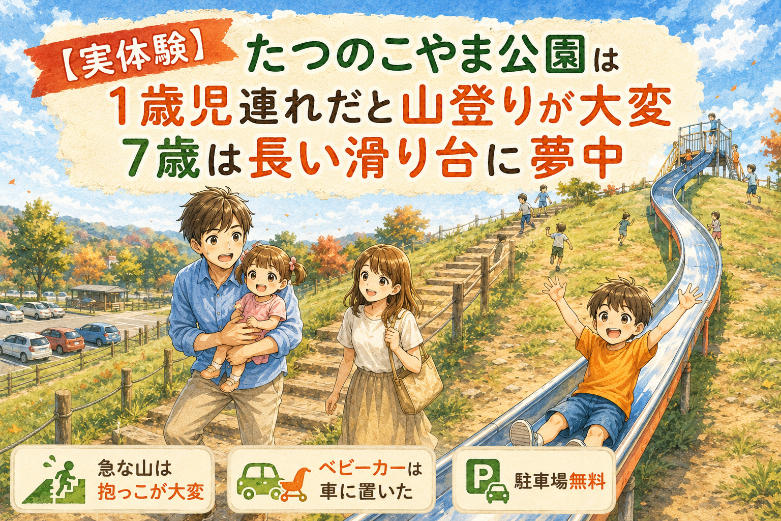 たつのこやま公園の大きな山と長い滑り台で遊ぶ7歳の男の子と、短い滑り台を親に支えてもらう1歳の女の子を描いたアイキャッチ画像