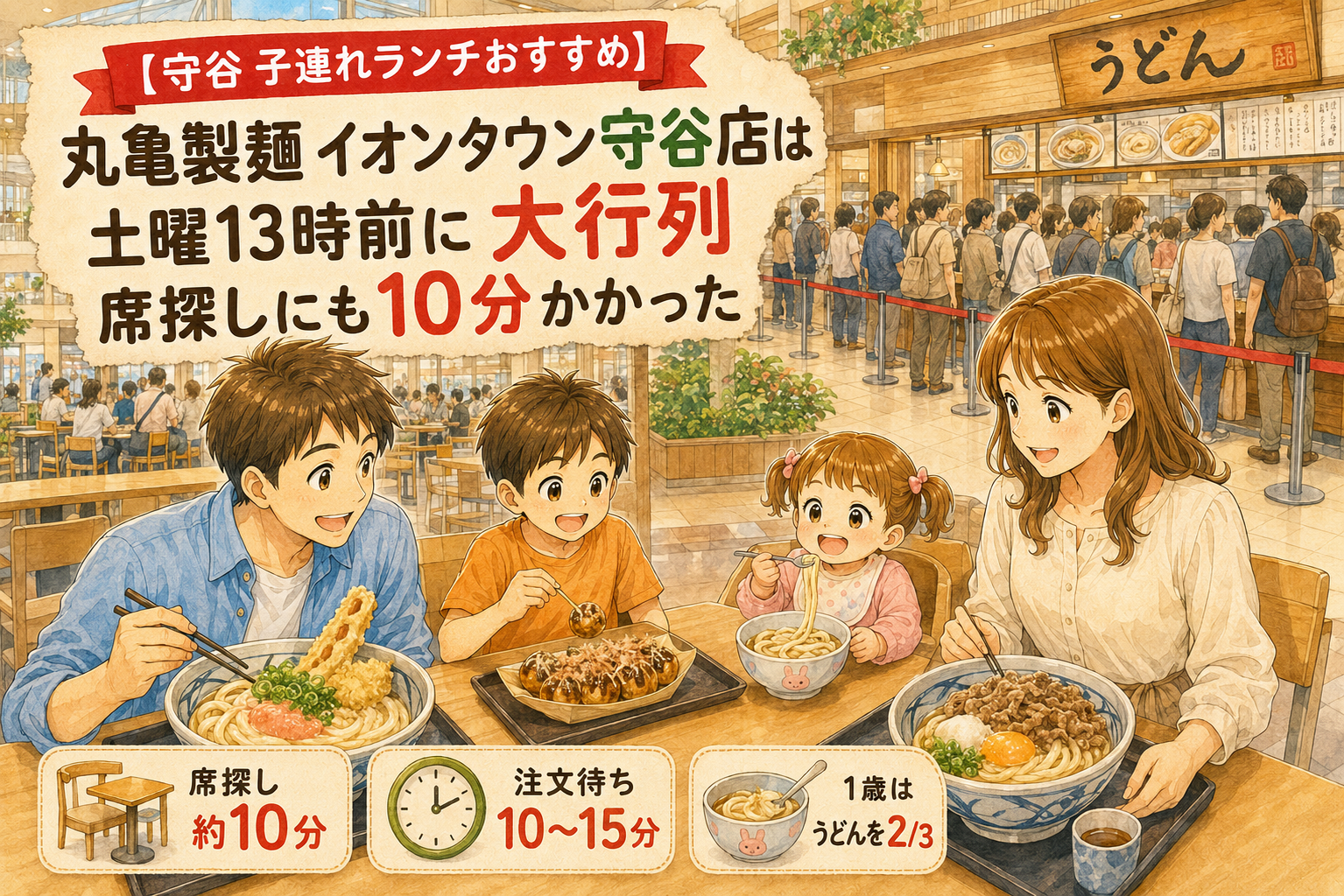 丸亀製麺 イオンタウン守谷店を1歳・7歳連れで利用した体験を表すアイキャッチ画像