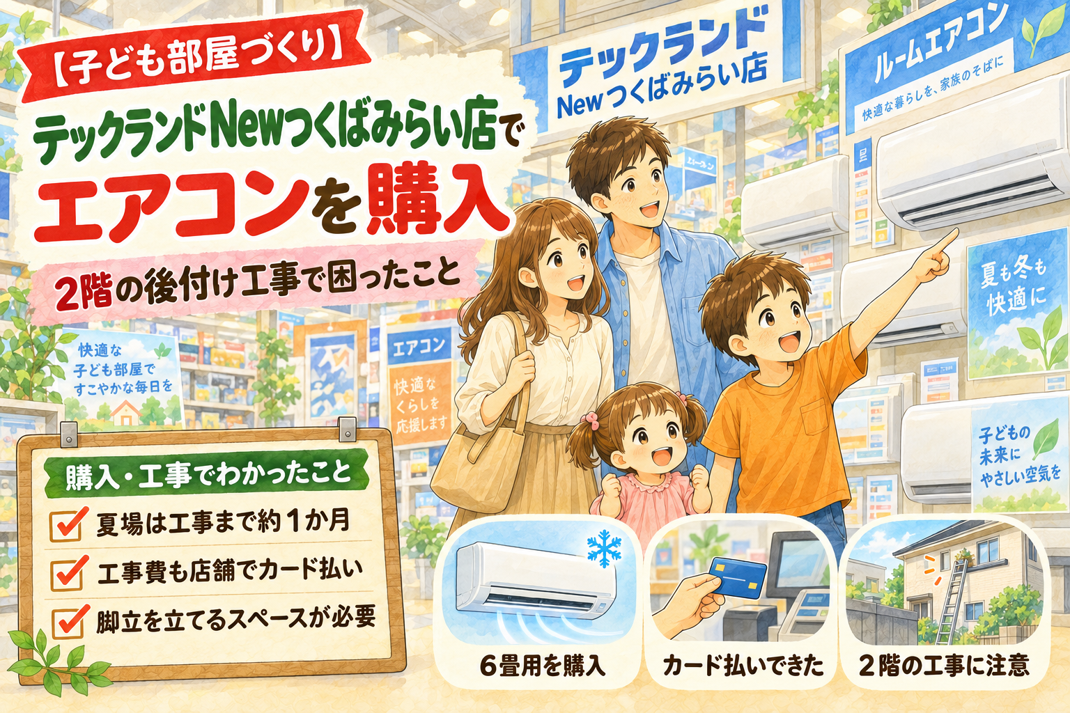 テックランドNewつくばみらい店で子ども部屋用のエアコンを選ぶ家族のイラスト
