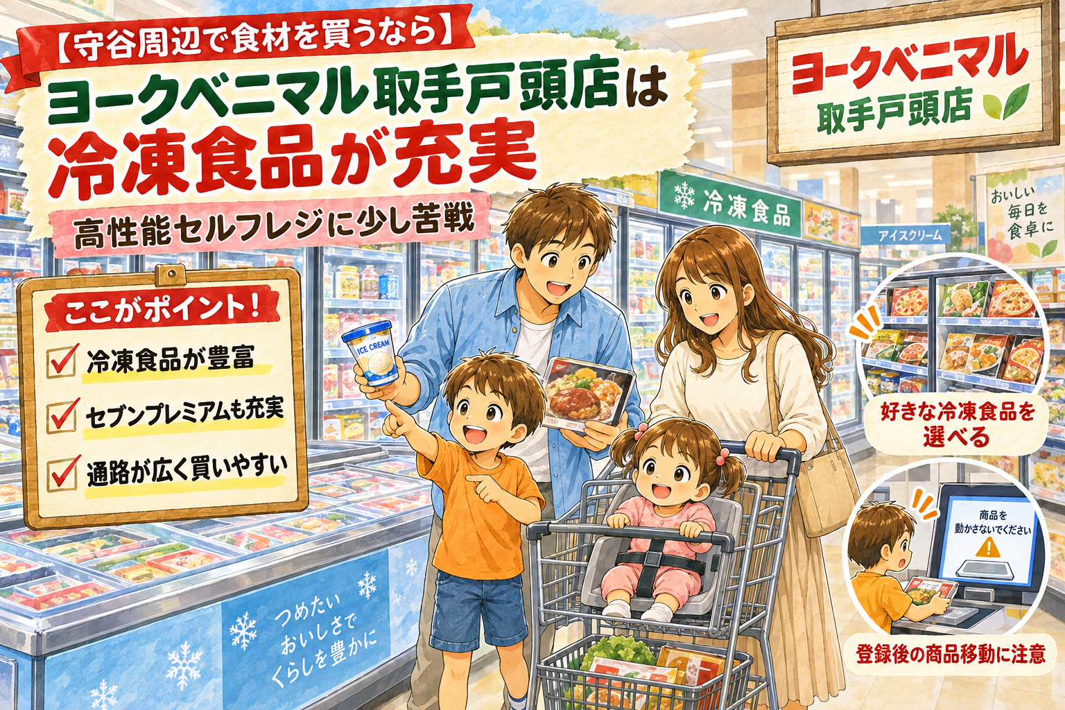 ヨークベニマル取手戸頭店で冷凍食品を選ぶ1歳と7歳の子ども連れ家族