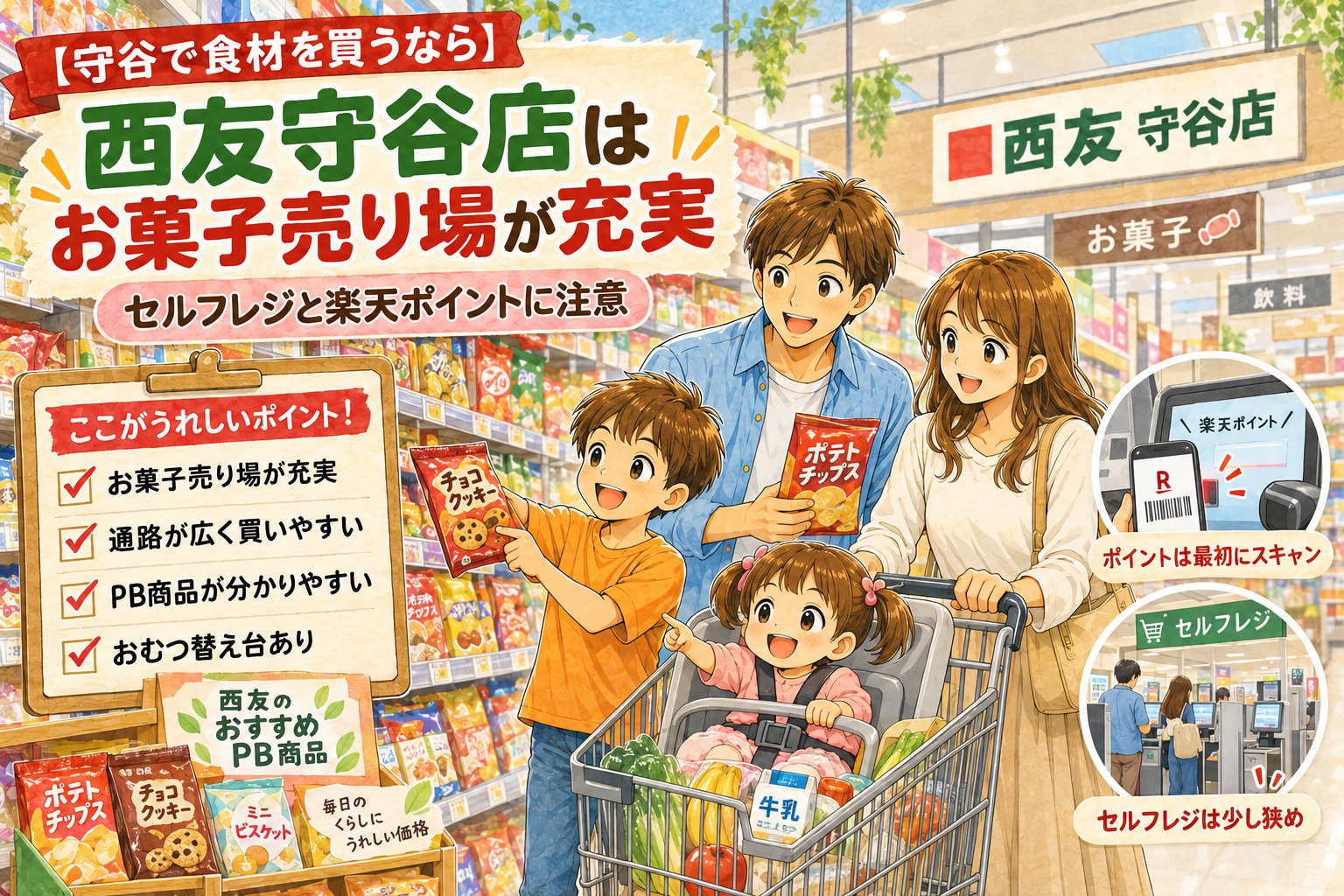 西友守谷店のお菓子売り場で商品を選ぶ1歳児と7歳児