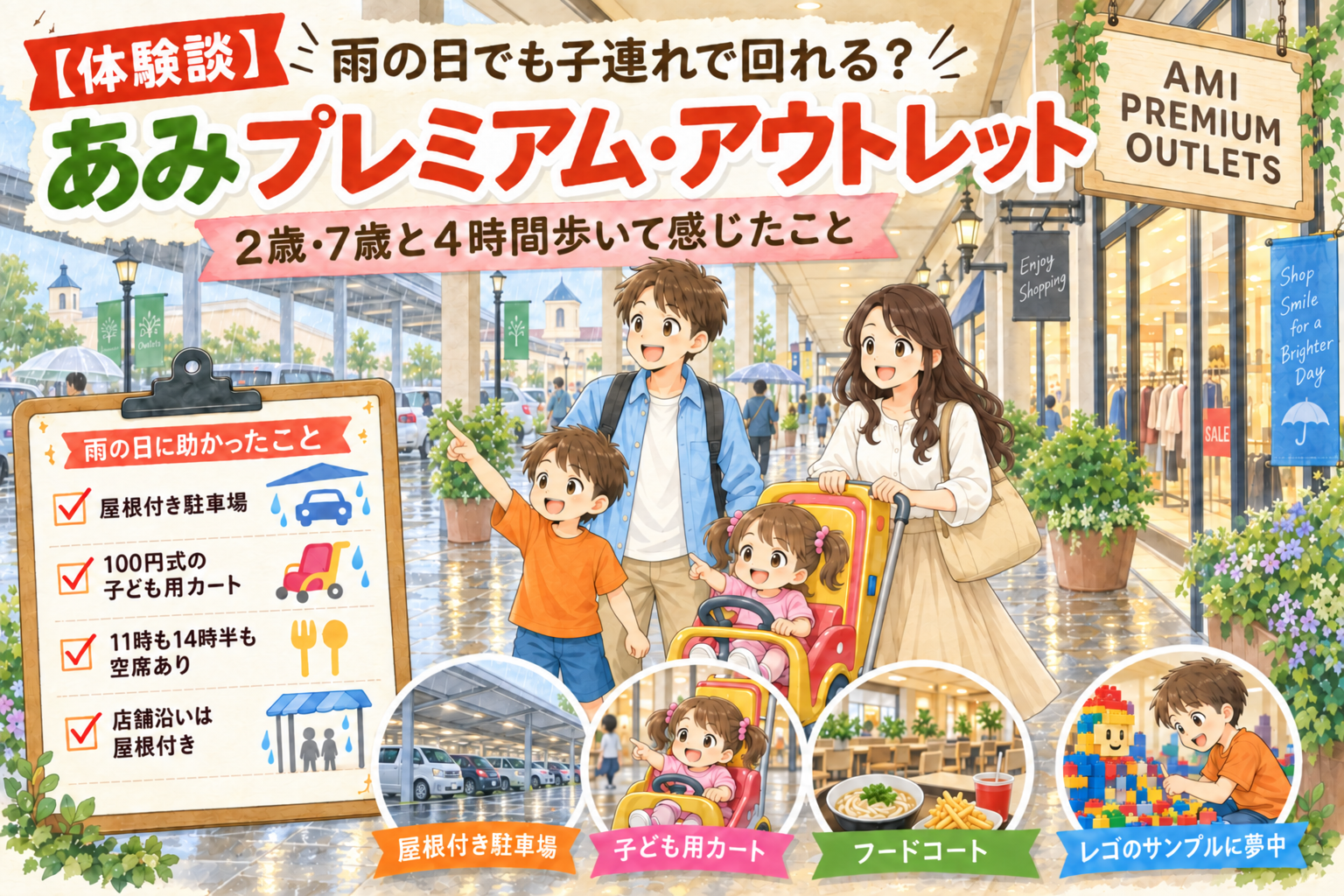 雨の日にあみプレミアム・アウトレットを訪れた2歳・7歳の子連れ家族