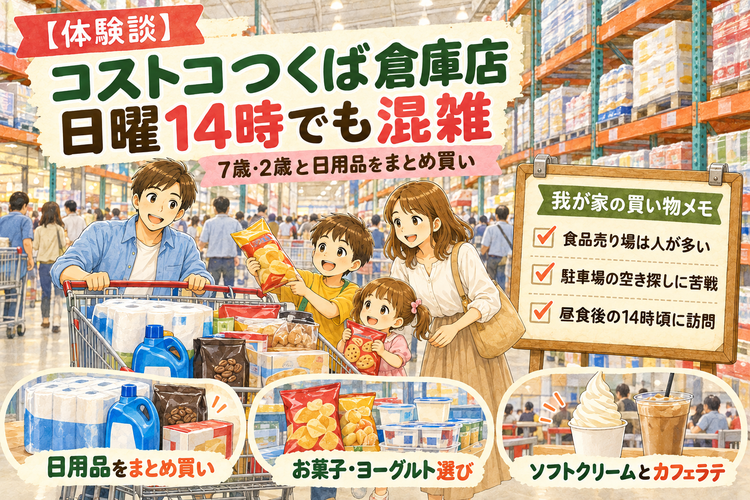 コストコつくば倉庫店で、7歳の息子と2歳の娘を連れて日用品やお菓子を買い物する家族
