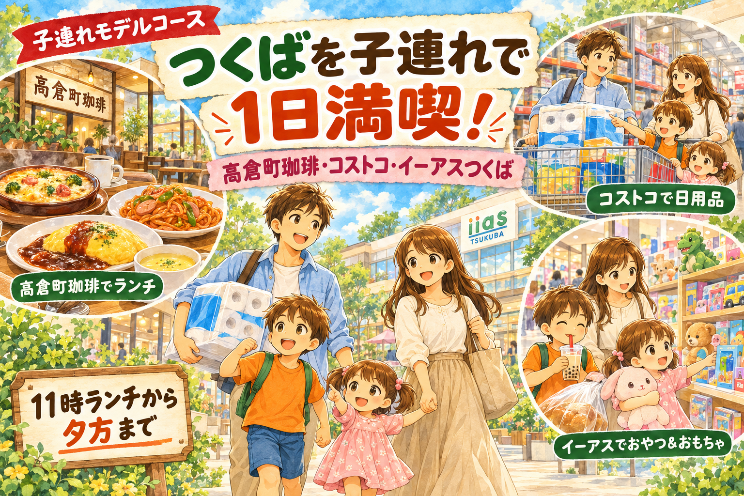 高倉町珈琲でのランチ、コストコでの日用品の買い物、イーアスつくばでのおやつとおもちゃ選びを楽しむ家族4人を描いたイラスト